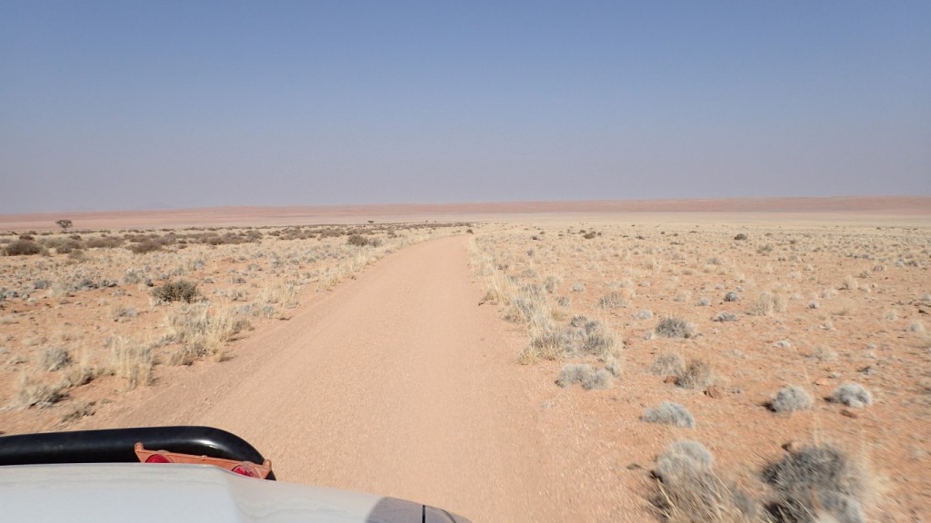 Driving out of Namtib biosphere reserve. Rainfall is 80mm per year this compares to 150mm per year for the Simpson Desert in South Australia