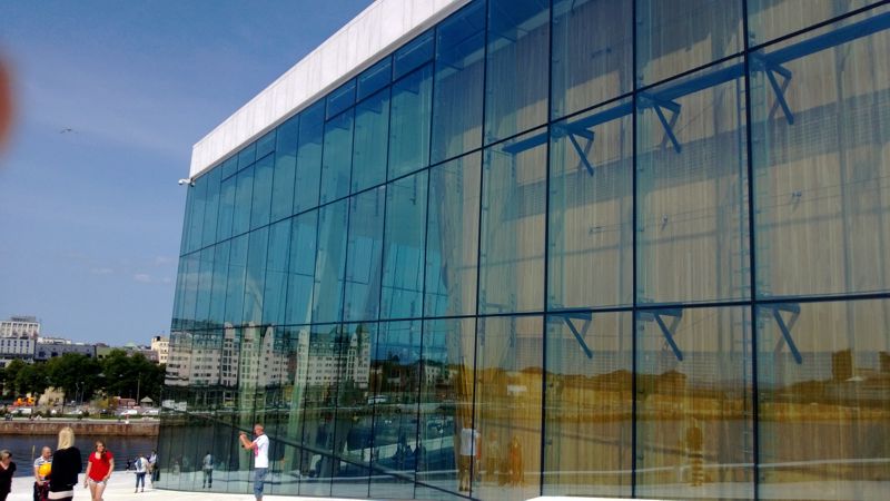 The Glass walls of the Opera House. The glass has no other supports, it has glass beams at right angles to give strength