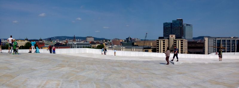 The Roof of the Oslo Opera House with the skyline of Oslo in the background